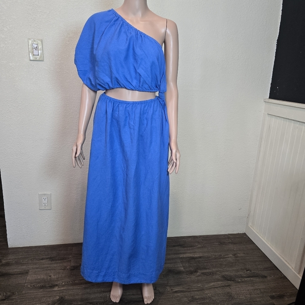 Farm Rio Copacabana Women's Blue Tie Knot One Shoulder Cutout Midi Dress Size M - Picture 11 of 16